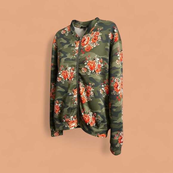 Juniors Stand Collar Zip Up Floral Prints Crop Length Bomber Jacket - Picture 2 of 4